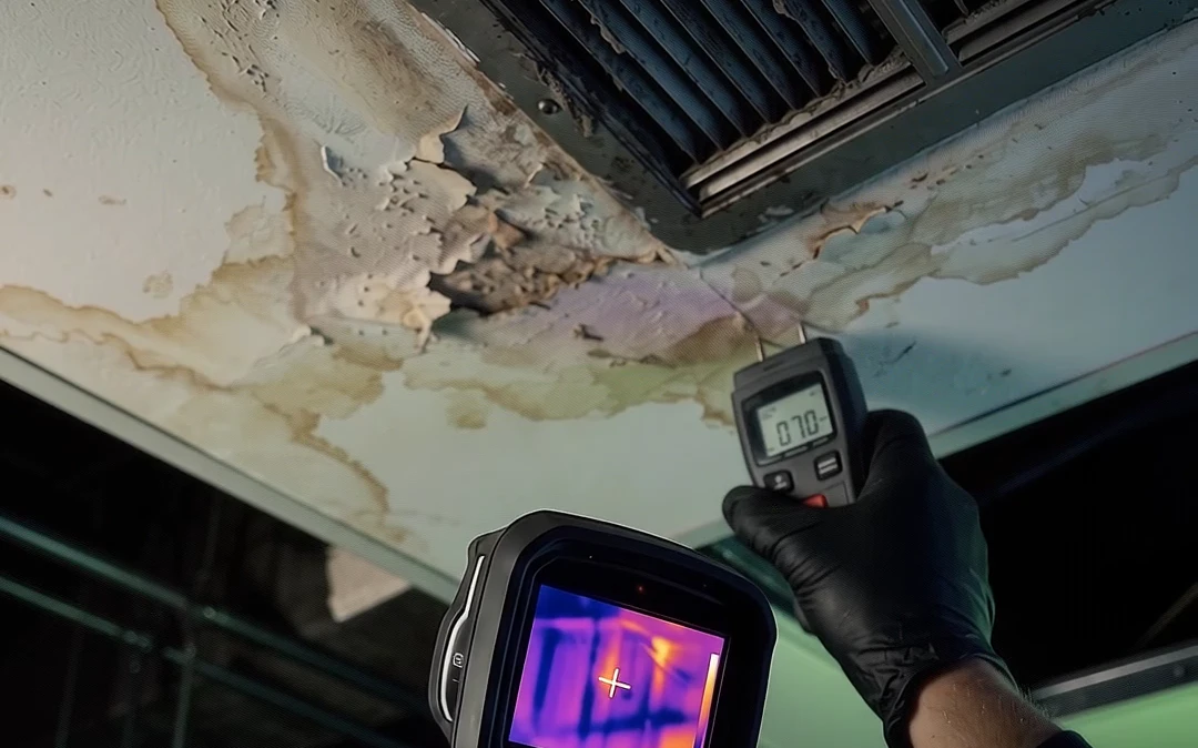 FLIR infrared thermal imaging camera and 38.2% moisture meter revealing hidden ceiling moisture plume