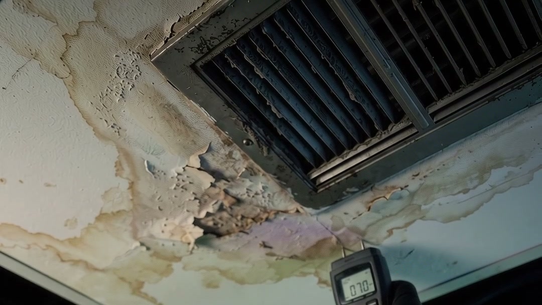 Water-stained peeling ceiling drywall beside an HVAC air return grille
