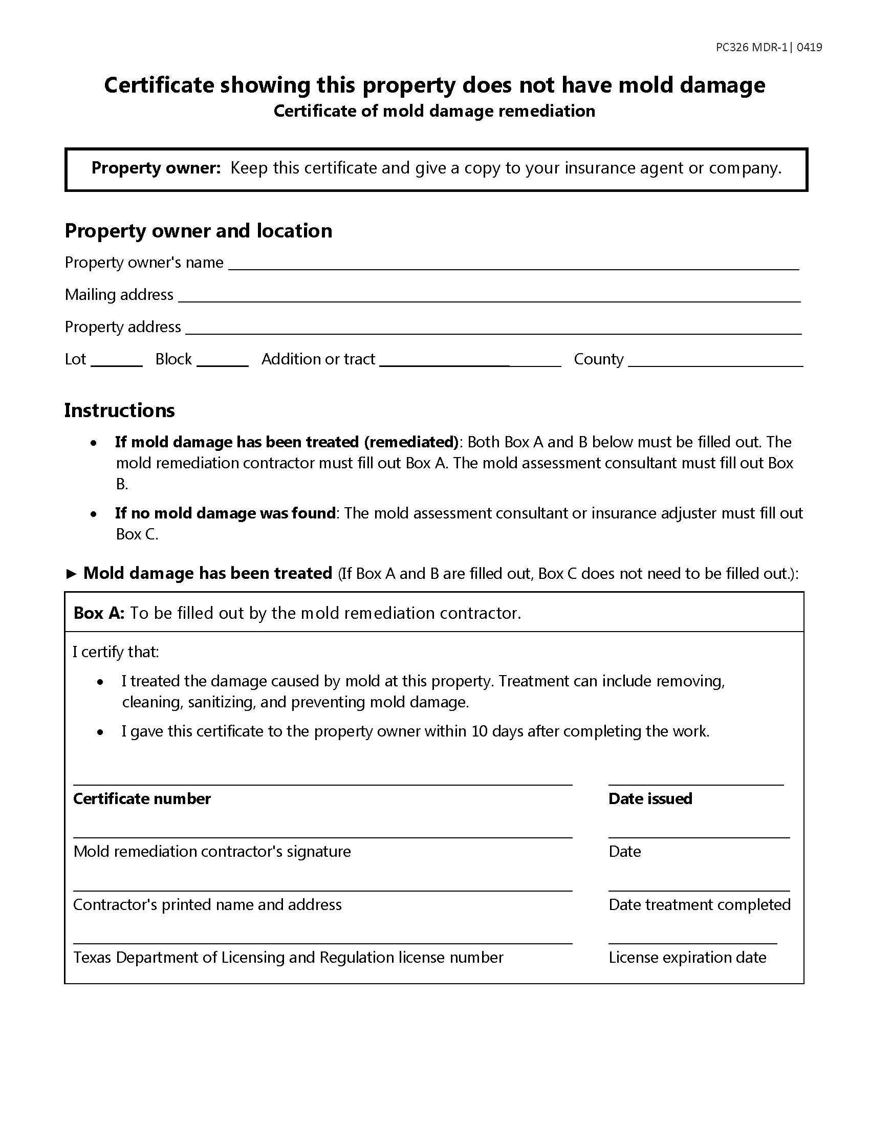 Official Texas Department of Insurance Certificate of Mold Damage Remediation Form MDR-1