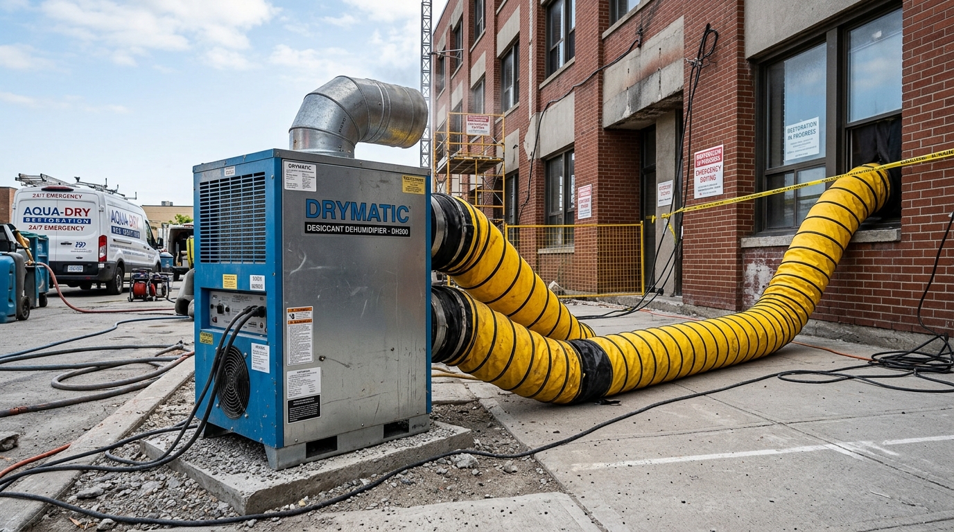 Commercial Desiccant Dehumidification Trailer deployed for large loss restoration