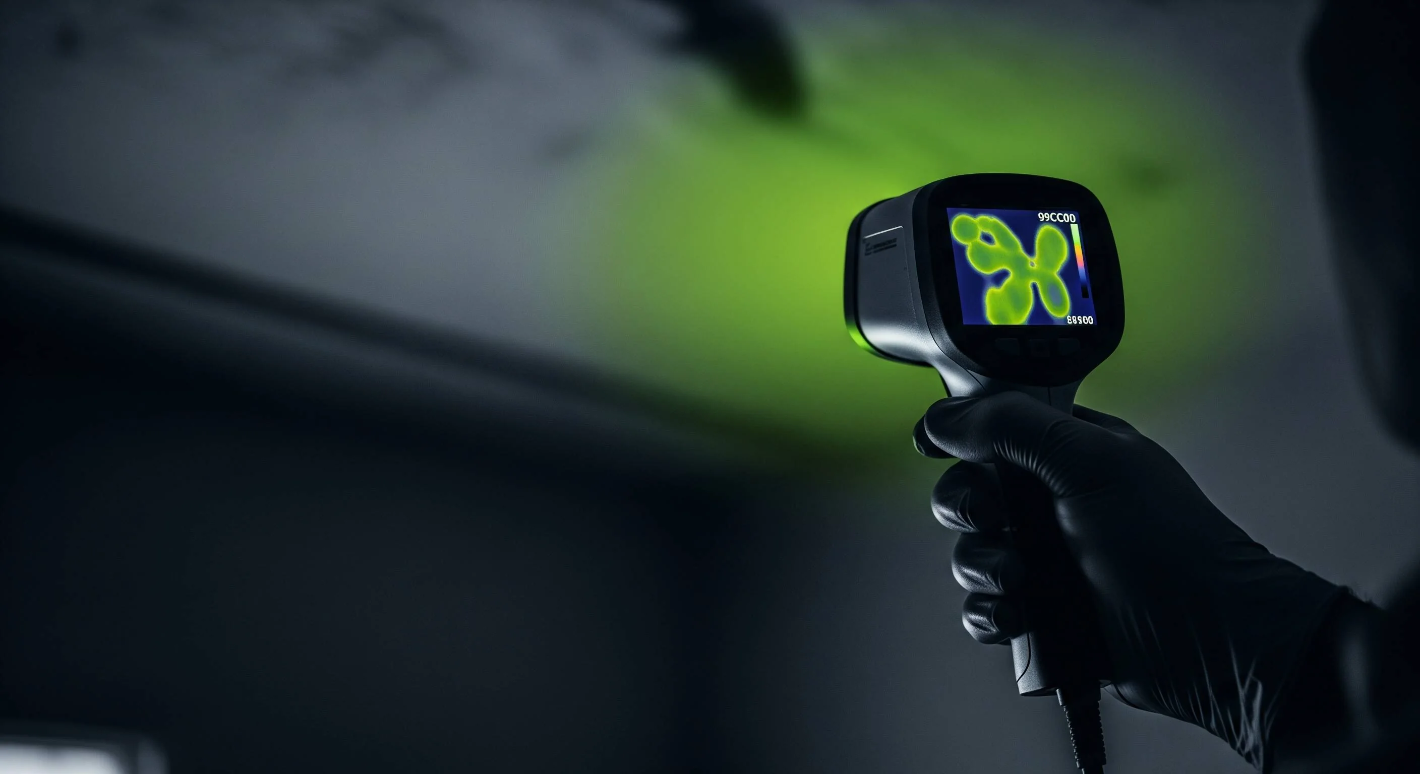 Inspector scanning ceiling and wall structure during mold inspection